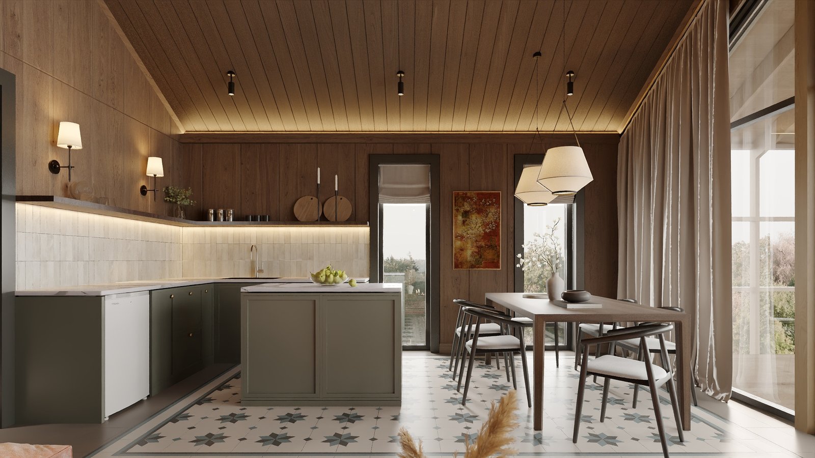 Кухня с островом и обеденной зоной — частный дом Barnhouse, YURT Design Studio
