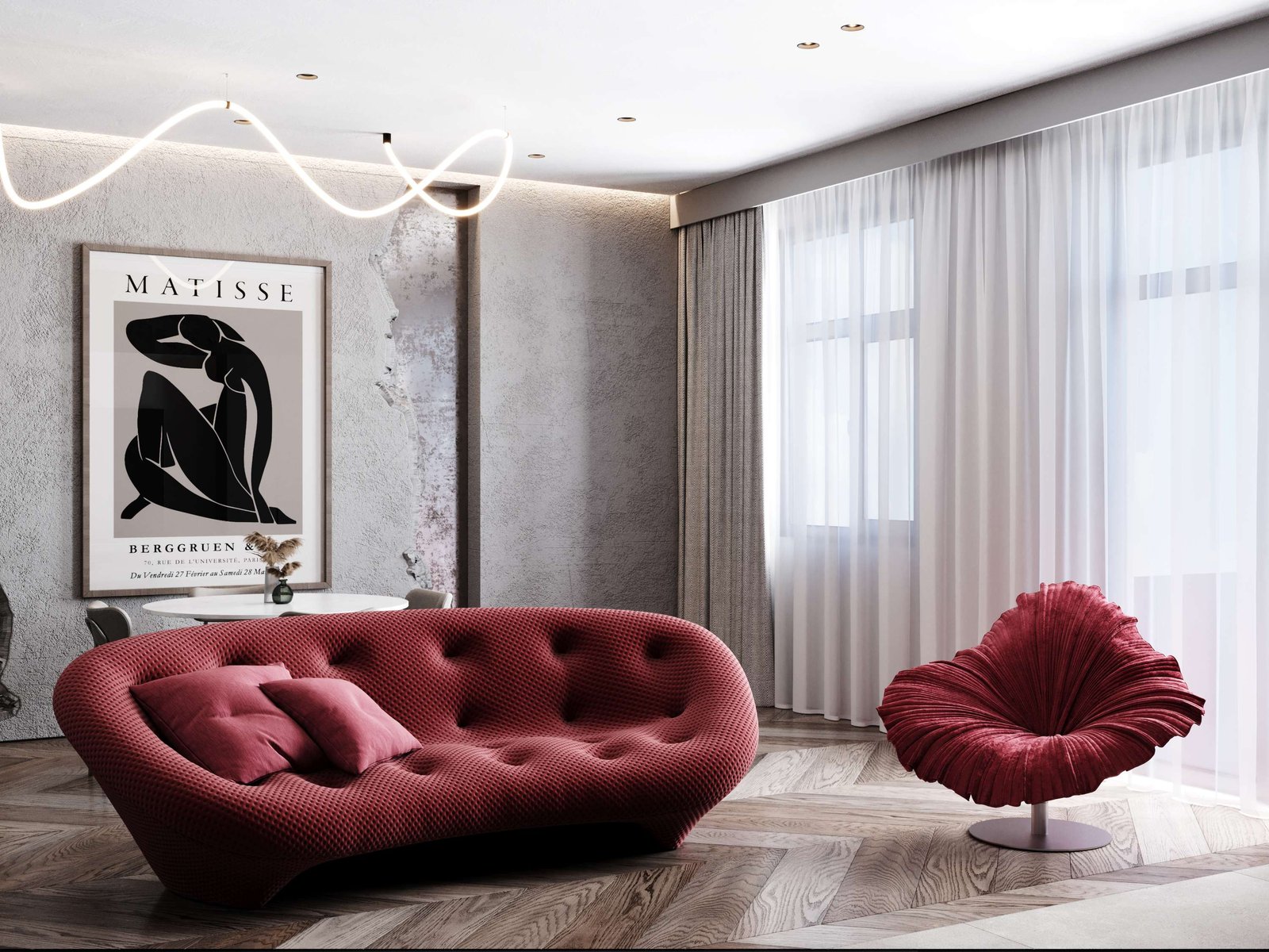 Бордовая мебель в гостиной — ЖК Мирас, YURT Design Studio