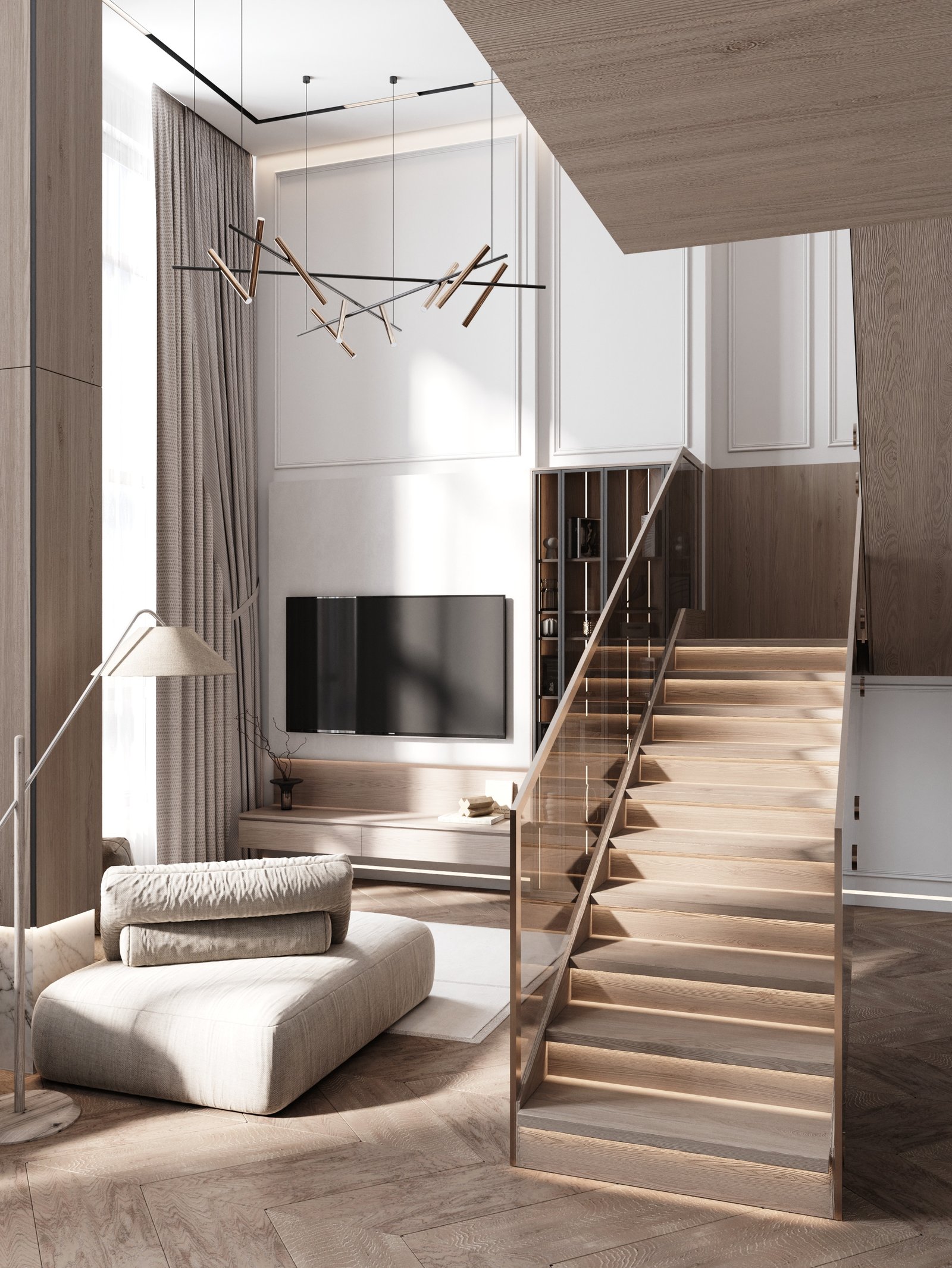 Гостиная с лестницей — ЖК Turan Palace, YURT Design Studio